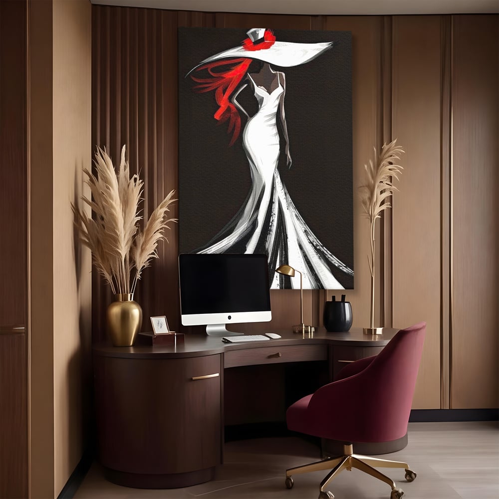 Tablou canvas cu tablou canvas cu silueta de femeie in rochie alba, fara rama, pe sasiu de lemn, pe perete intr-un birou